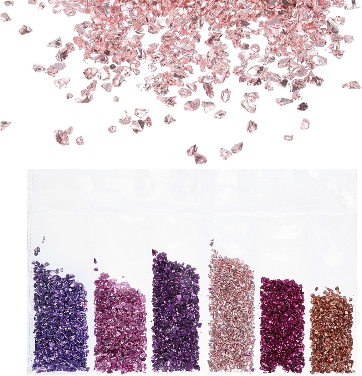 Fragmenten glas met hoge glans, versnipperd, 1-3 mm, 30 g, onregelmatig metaalglas, kristalspaanders voor hars, kunst, handwerk, vaas, sieraden, decoratie, 6 kleuren, roze