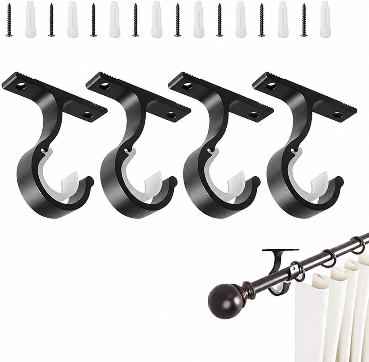 Set van 4 gordijnroedehouders voor 25-28 mm, aluminiumlegering stanghouder voor gordijnen of kasten