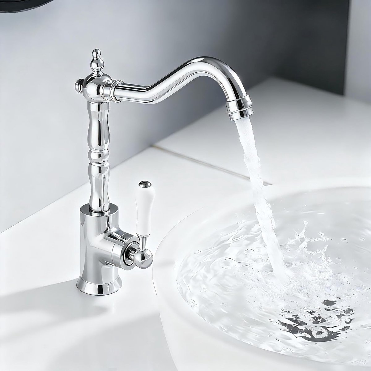 Kraan keuken retro, keukenkraan 360° draaibaar, mengkraan met eengreepsmengkraan voor badkamer/keuken, waterkraan badkamer hoog 280 mm, wastafelarmaturen chroom van messing