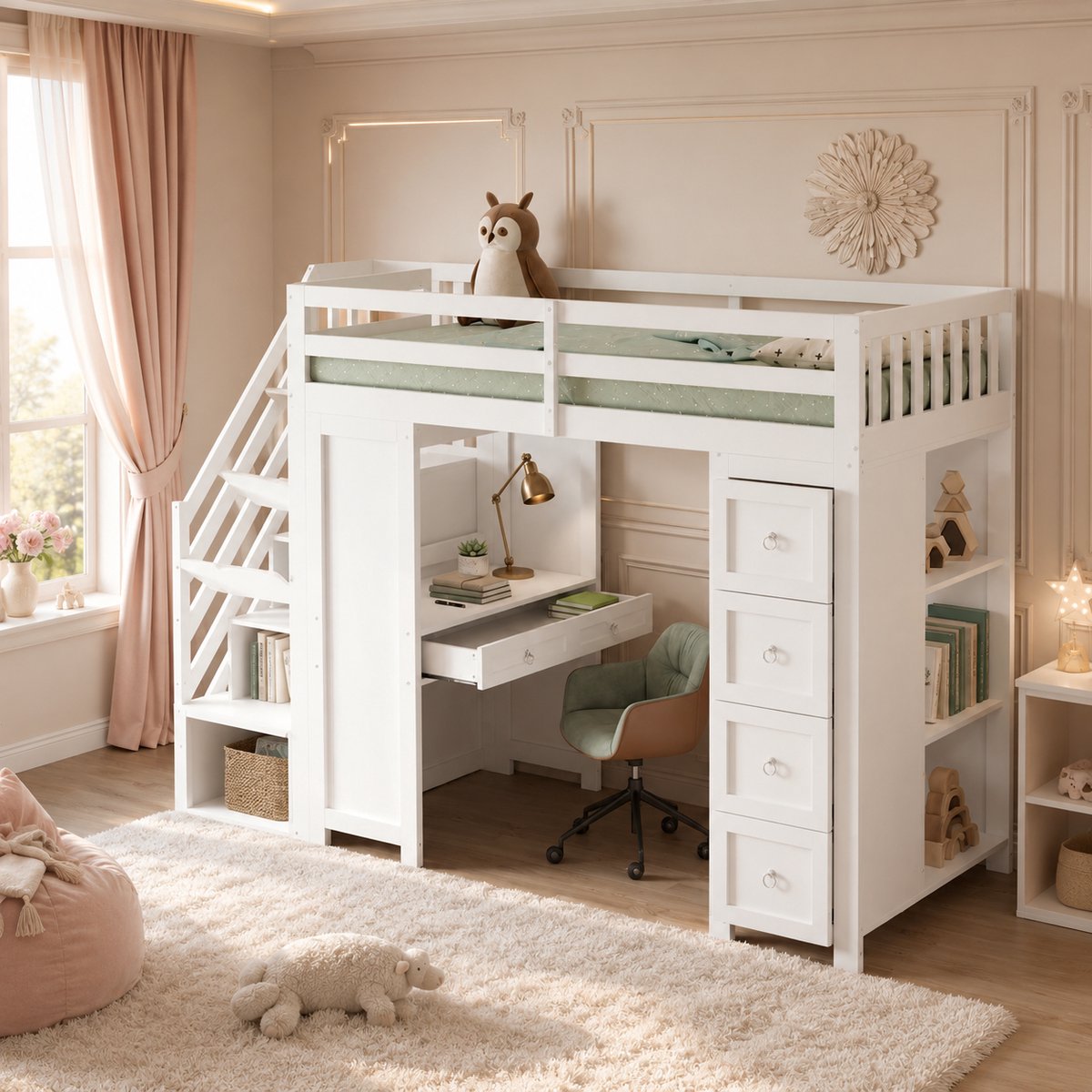 Stapelbedden 90x200 cm - Kinderbed - Eenpersoonsbed - Kinderstapelbed - Met lattenbodem - Met veiligheidshek, tafel en lades - Met opbergruimte - Grenenhout - Wit