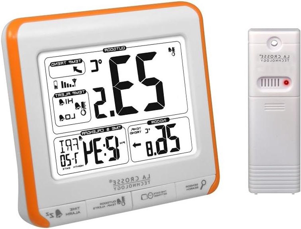 Weerstation met Sensor - Buitenthermometer Draadloos - Weersvoorspelling Thuis - Waarschuwingssignalen Instelbaar - 90 Meter Bereik - Oranje