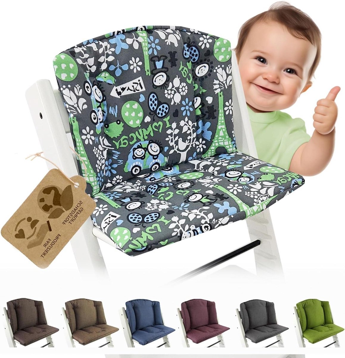 Vervangende hoes - Zitkussen overtrek - Kinderstoel comfort - Extra zachte vulling - Past perfect - Grijs-groen Eiffeltoren