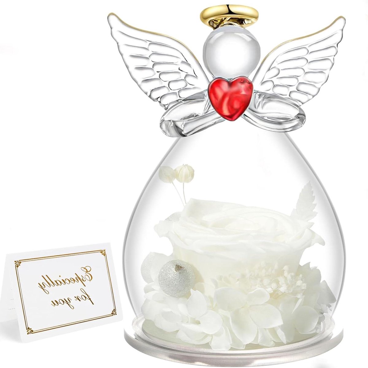 Eeuwige Roos - Roos in Glas - Cadeau Geven - Met Engel - 7 x 7 x 10.5 cm - Wit