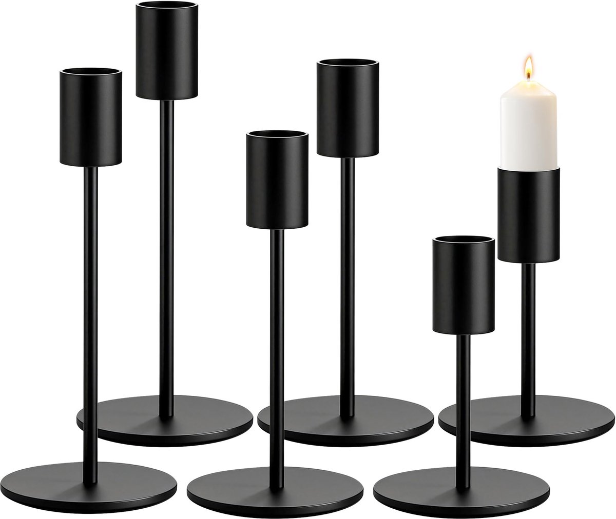 6 stuks kaarsenstandaard, staafkaarsenset, binnendiameter 2 cm, zwart voor kaarslicht, bruiloften, feesten, dagelijks gebruik, tafeldecoratie (8,5/14/16 cm)