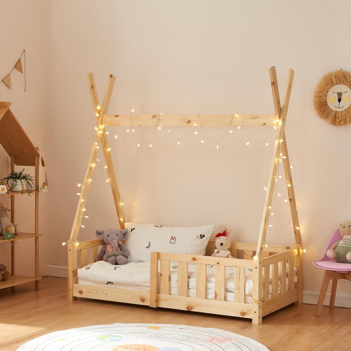 Kinderbed Tipi - Jeugdbed Hout - Veilig Slapen - Met Valbeveiliging - 70x140 cm - Houtkleur
