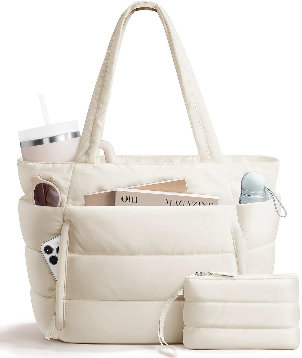 COOAU - Puffer Tote Bag voor Dames - Lichtgewicht Donzige Schouderhandtas - Met Afneembaar Klein Tasje & Handig Laptopvak - Incl. Trolley Sleeve voor Reizen - Voor Kantoor, Woon-werkverkeer & Dagelijks Gebruik - Crème