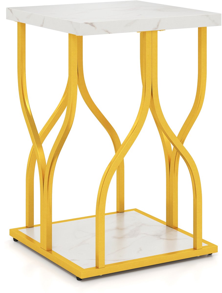 COSTWAY Bijzettafel met 2 Niveaus met Marmerlook Blad, Moderne Nachtkastje met Goudkleurig Metalen Frame