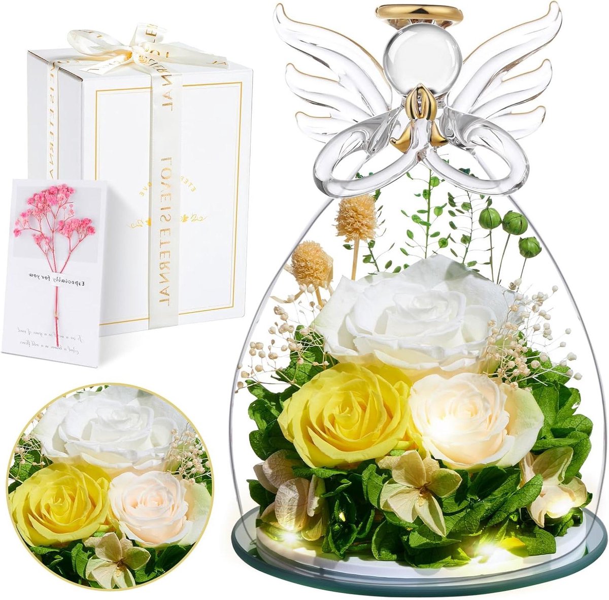Geconserveerde Roos Engel - Eeuwige Bloem Decoratie - Cadeau Vrouw - Echte Roos 3-5 Jaar - 14x14x19 cm - Wit