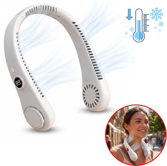 Best Active Nekventilator Draadloos - Handsfree Ventilator Oplaadbaar - 360° Verkoeling met LED Display - 5 Standen - Draagbare Nek Ventilator - Wit