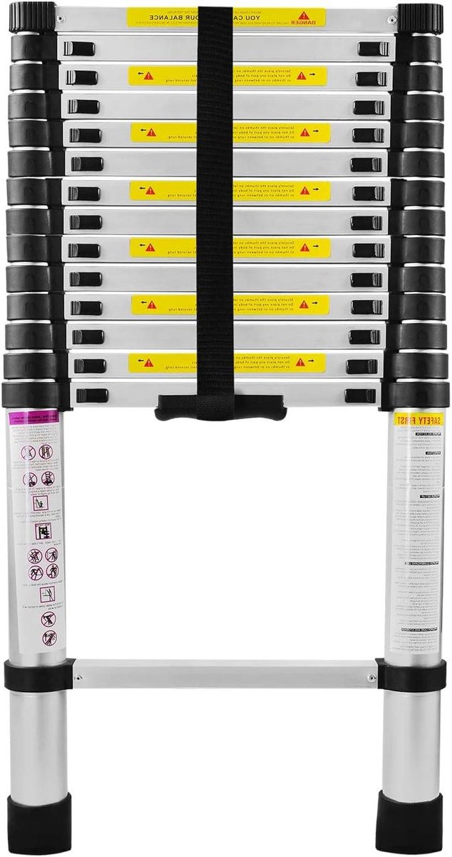Telescoopladder - Schuifladder Sportladder - Kluswerk Binnenshuis - Antislip Voetjes - 38 meter - Zilver