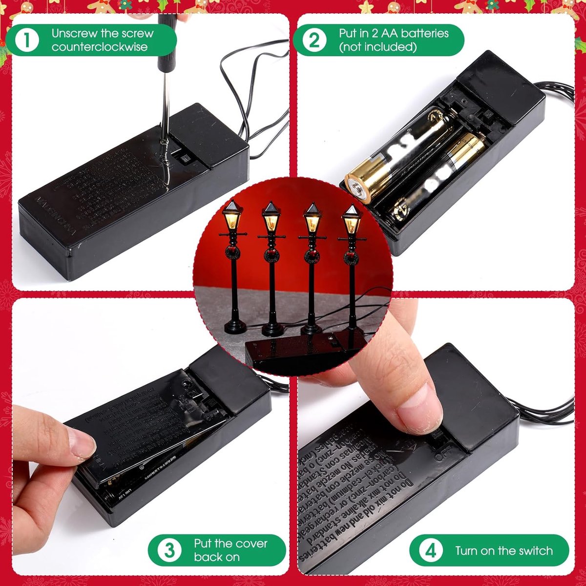 Miniatuur Straatlantaarns - Kerstdorp Verlichting - Kerstdorp Decoratie - Set van 12 - 10.5-12.5 cm Hoog - Zwart – foto 4