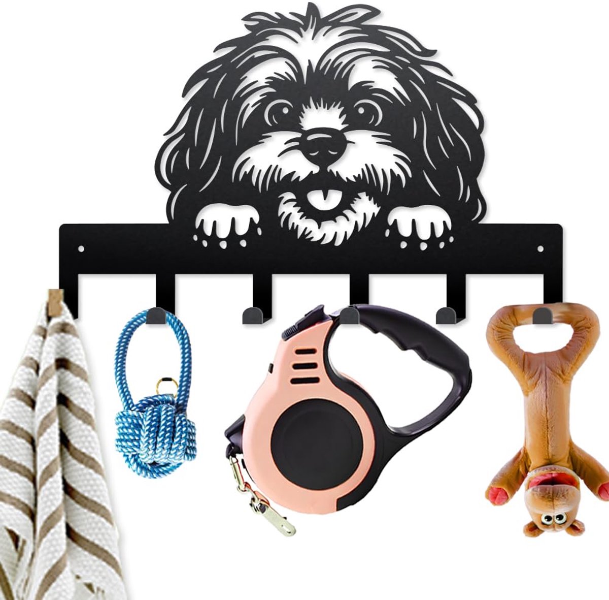 Sleutelhaak van metaal met cartoon hond dier huisdier puppy garderobe wandmontage 40 × 25 cm met 6 haken voor het ophangen van geschenken, mantels, hoeden, handdoeken en tassen