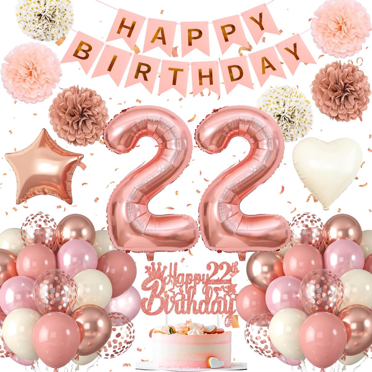 22e verjaardag decoratie, 22e verjaardag vrouw roze roségoud, verjaardagsdecoratie 22e vrouw, ballonnen 22e verjaardag Happy Birthday slinger ballon 22e decoratie voor verjaardag, verjaardagsdecoratie