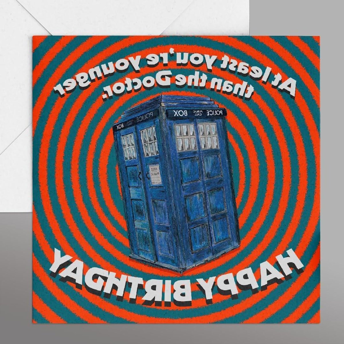 Verjaardagskaart - Wenskaart Doctor Who - Verjaardag Vieren - Handgeschilderde Tardis - 14 cm Vierkant - Rood