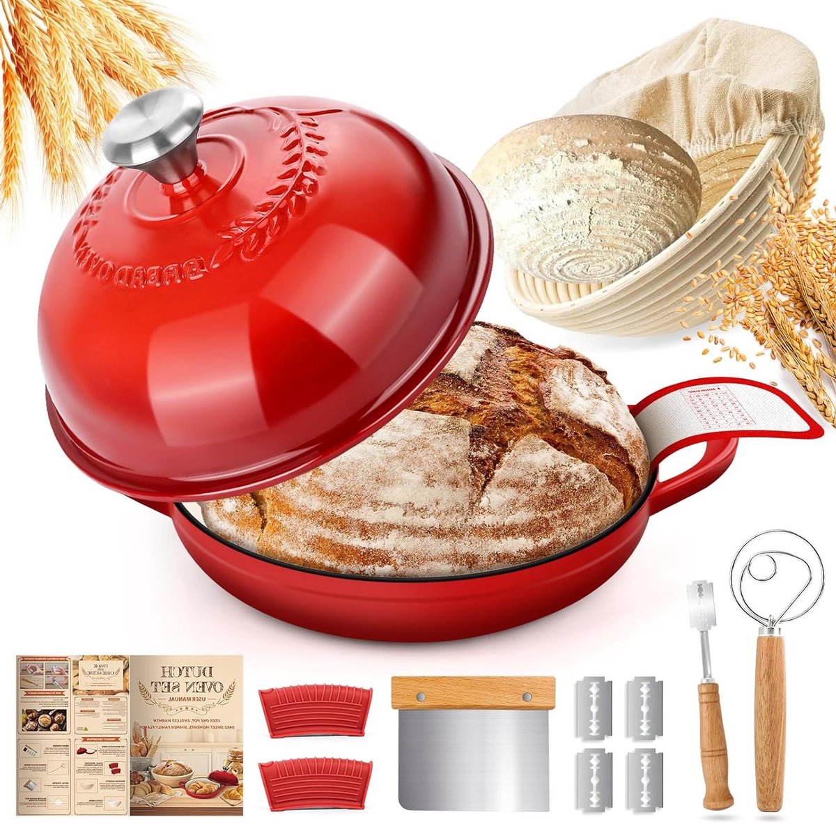 Gietijzeren Braadpan - Broodpan Dutch Oven - Brood Bakken - Geëmailleerd Gietijzer - 26 cm - Rood
