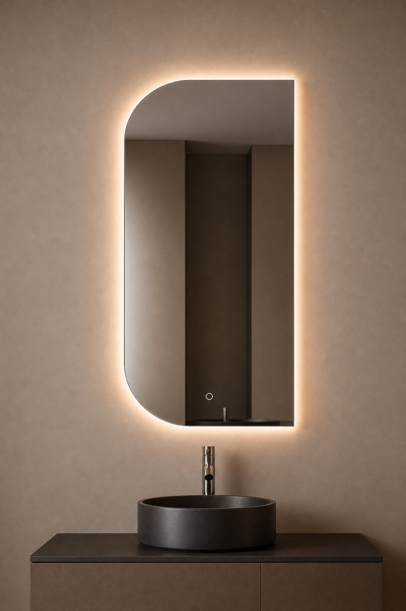 ZIMMER LED Spiegel D-vorm 50x100 cm (Links) – Dimbaar, 3 Lichtkleuren & Anticondens – Badkamerspiegel met Verlichting