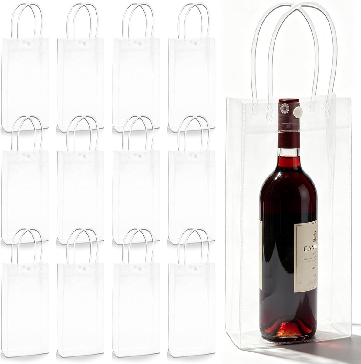 12 stuks flessenkoeler ijstas koeltas: 25 x 10 x 10 cm PVC ijszak flessenkoeler, transparante champagnekoeler, lekvrije ijstas met handvat voor koud bier, wijn, dranken, feest, outdoor