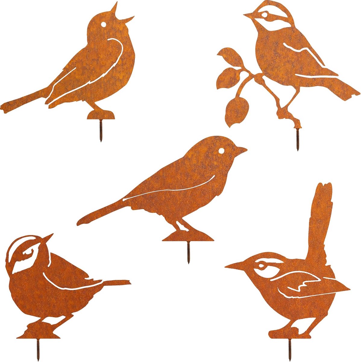roest kleurige decoratie, tuindecoratie voor buiten, patina, metaal, vogels, roeststeker, boomsteker, mees, winterkoninkje