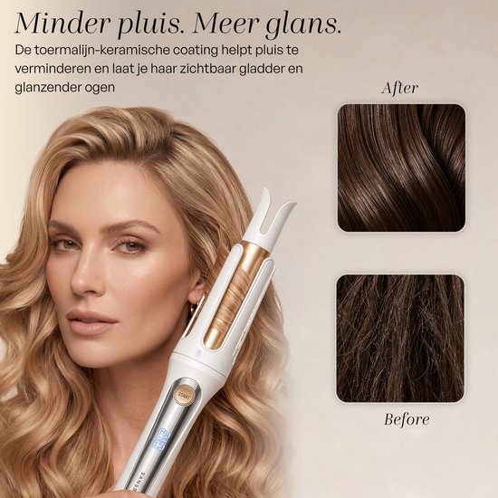 Vrouw met golvend blond haar en een Sansbeauté automatische krultang. Met haar voor en na.