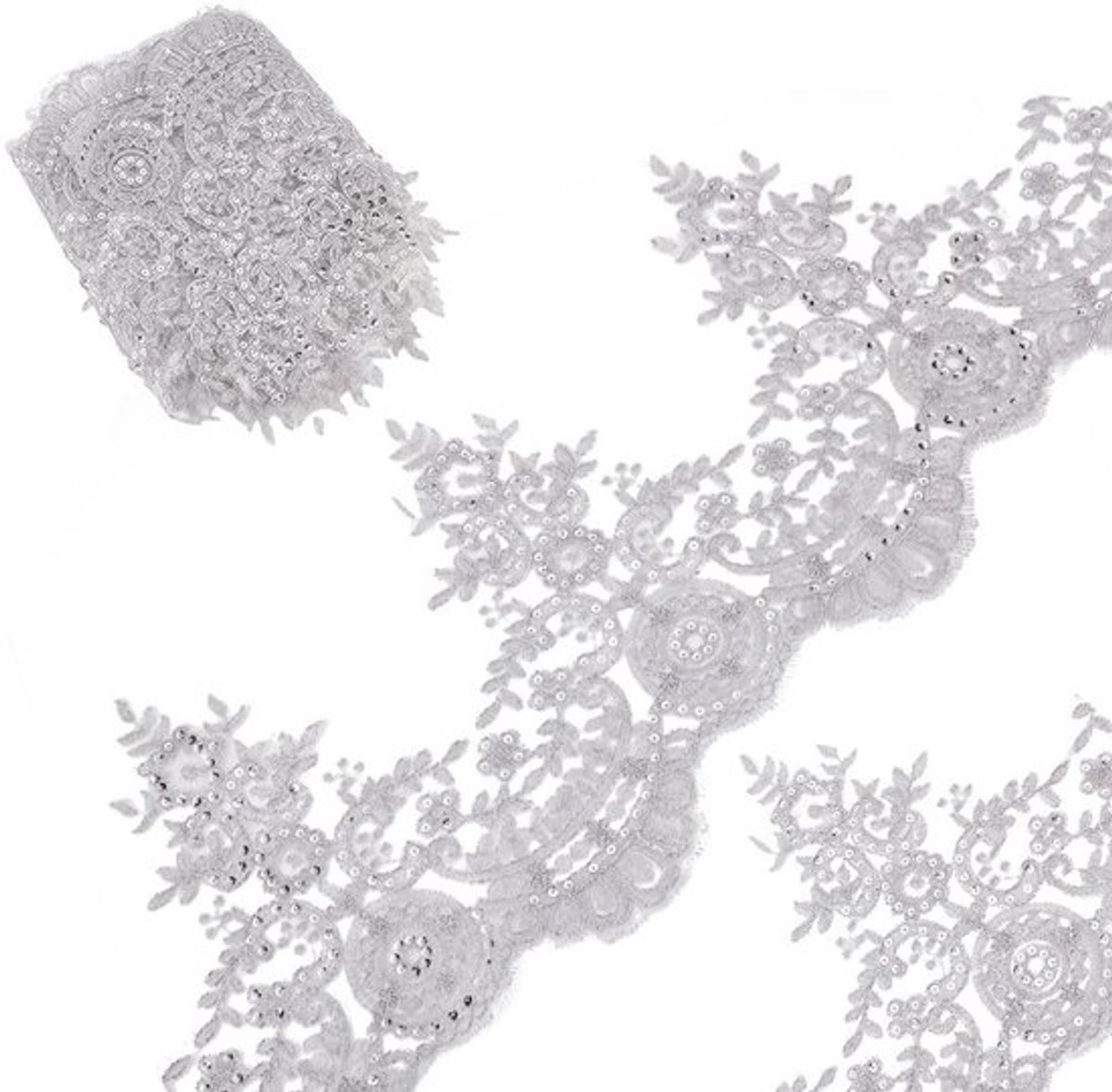 Vt products - Bloemenkant Lint - Metallic Pailletten - Zilver