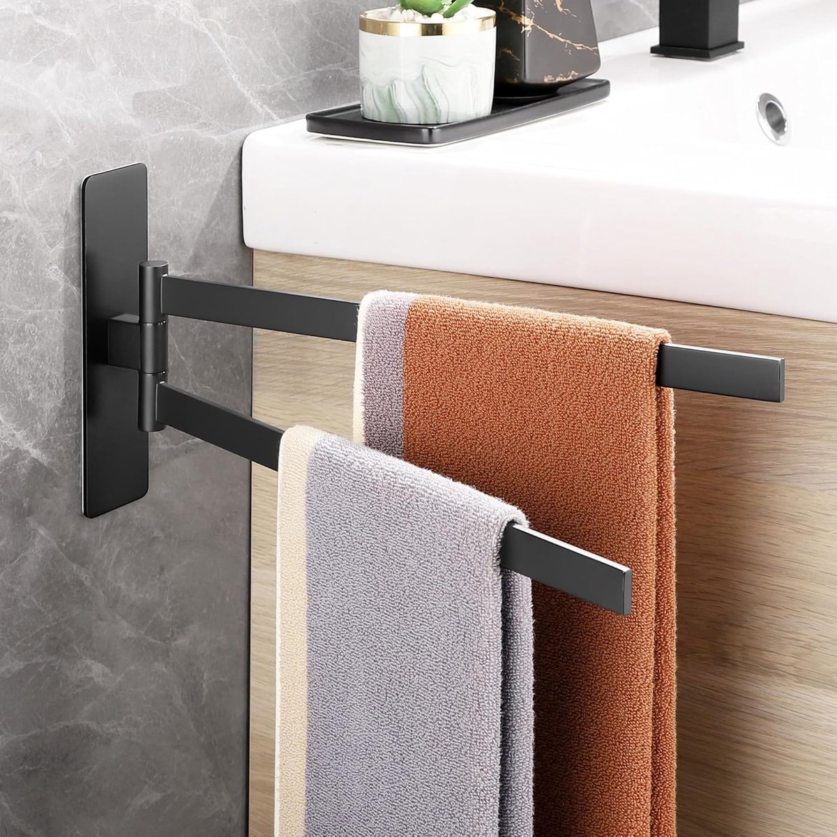 Handdoekhouder zonder boren, dubbel draaibaar, 304 roestvrij staal, handdoekstang, zelfklevende handdoekhouder, wandmontage, voor badkamer, keuken, zwart, 39 cm handdoekhouder