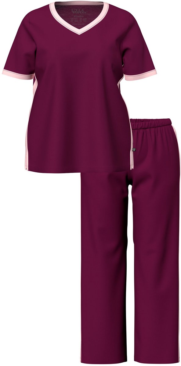 Ulla Popken Dames - Pyjama zijstrepen V-hals korte mouwen - Donker bes - Maat 58+
