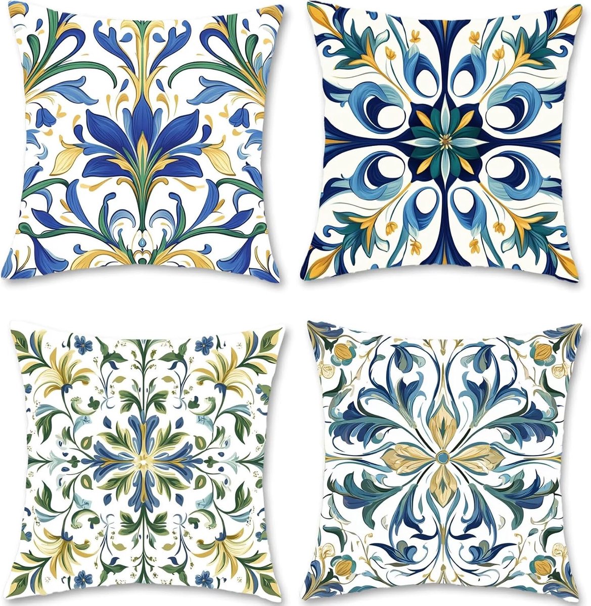 Kussenhoezen, 50 x 50, set van 4 stuks, voor buiten, bank, linnen, bloemen, vierkant, decoratieve kussenslopen met onzichtbare rits, kussenhoes voor slaapbank, woonkamer, terras, tuin