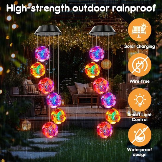 Windspel op zonne-energie, voor in de tuin, 6 leds, wisselende kleuren, moederdagcadeau voor balkon, decoratie, weerbestendig, buiten, hangend, terrasdecoratie, tuinlamp, tuinlamp voor boom — afbeelding 3