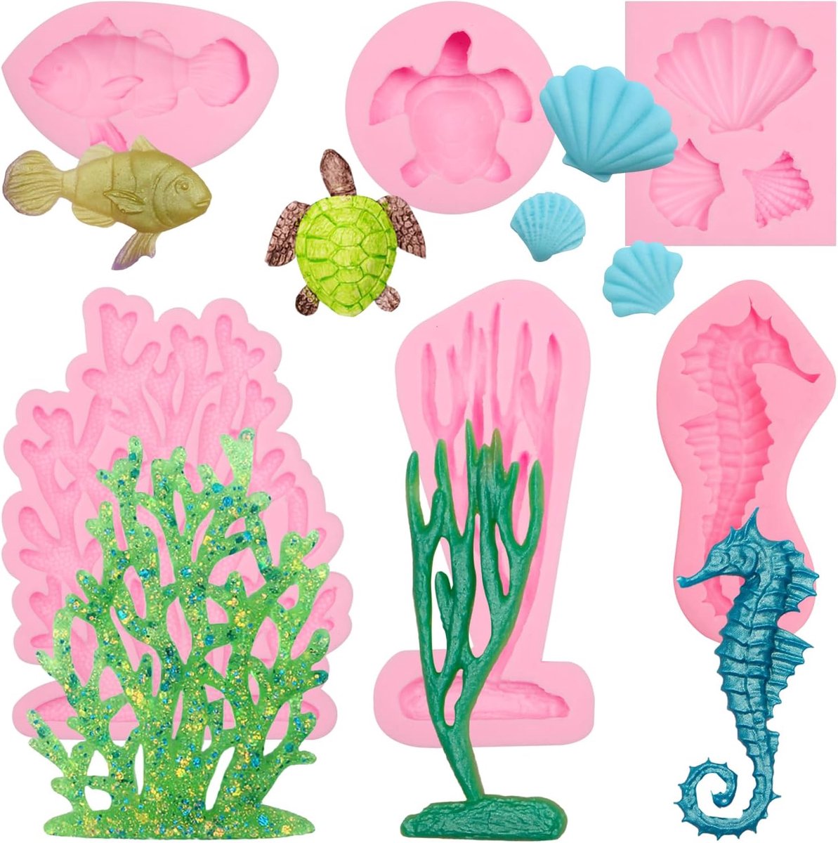 Onder de zeecakevorm, zeeesthema, koraal, zeewier, siliconen fondantvorm, zeevis, zeepaardje, schelp, schildpad, doe-het-zelf, handgemaakte bakvorm voor zeetaartdecoratie, chocolade