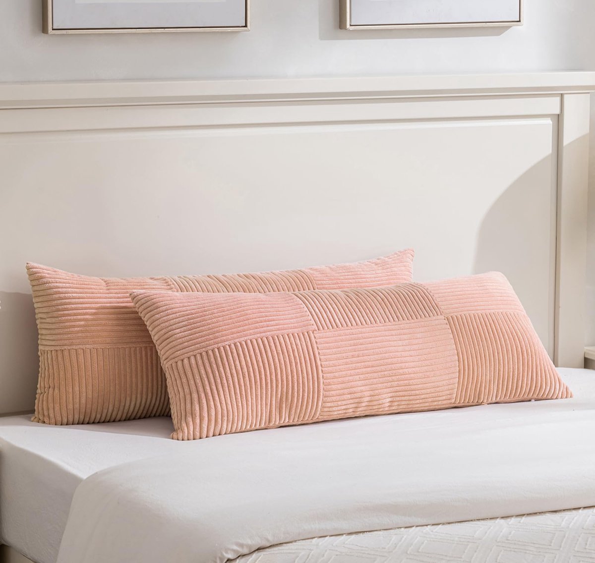 Set van 2 boho-kussenslopen voor bank, 40 x 145 cm, corduroy, modern, zacht, kruispatroon, decoratieve kussenslopen voor bank, slaapkamer, roze-perzik