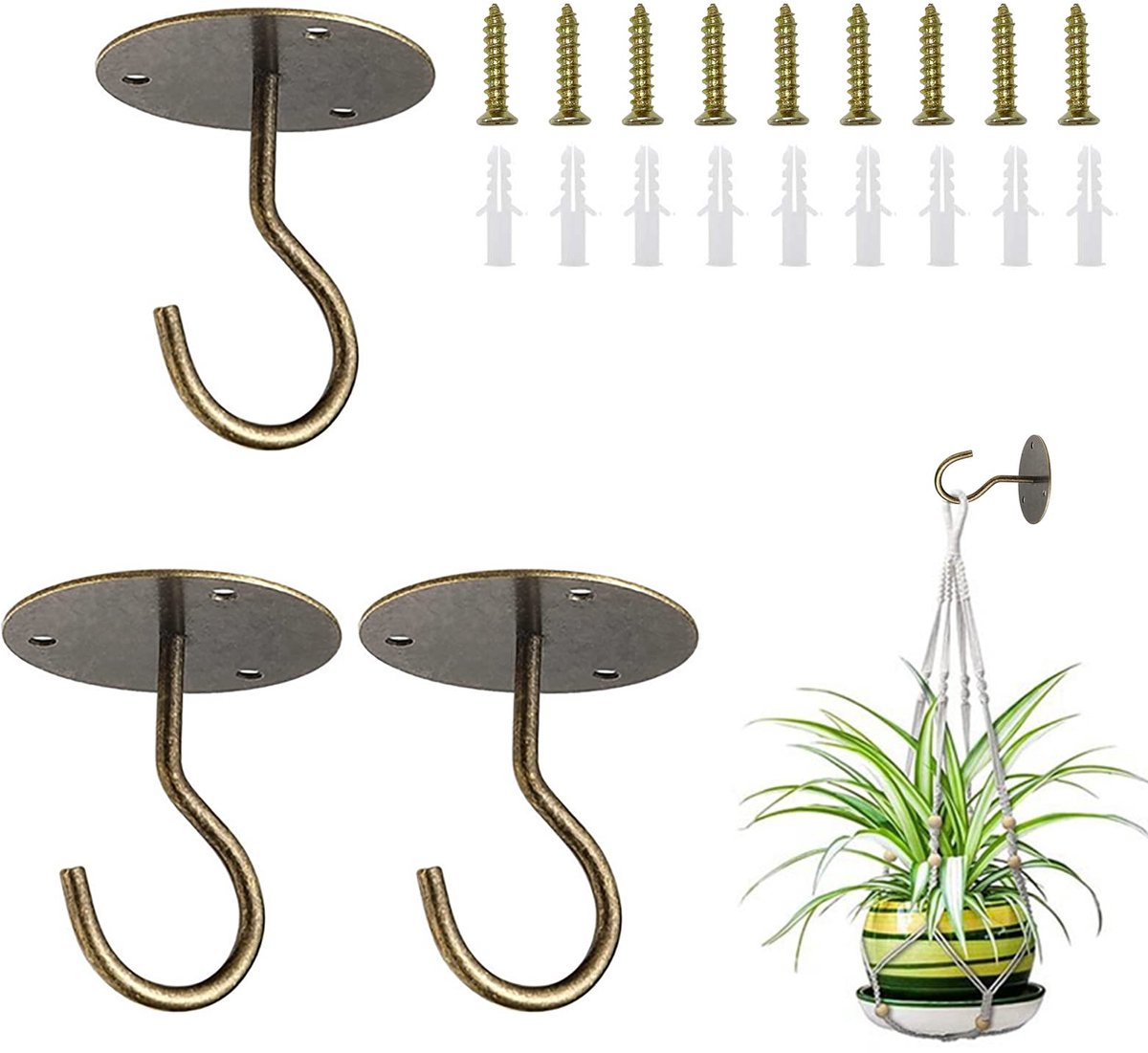 3 STKS Plafond Haken voor Opknoping Planten, Wandmontage Metalen S Plantenhangers met Schroeven en Ankers voor Opknoping Plantenmanden, Lantaarns, Windklokkenspel, Vogelvoeder