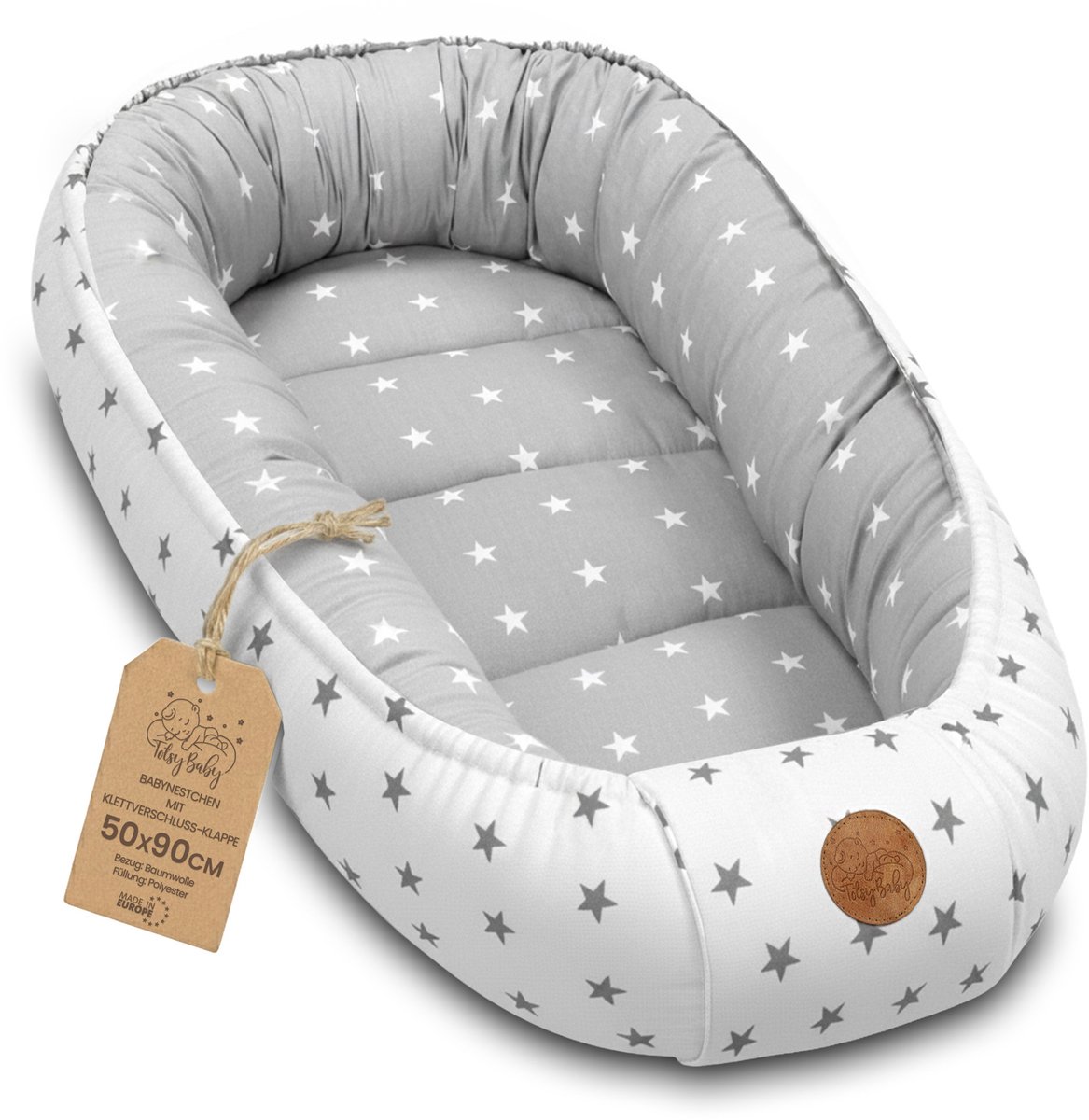Zacht Nestje Pasgeborene – Knuffelnestje draagbaar comfortabel en behaaglijk voor Ledikant Kinderbed Wieg Babykamer en Onderweg – knus voor Jongen & Meisje 90x50 cm Sterretje Grijs-Wit