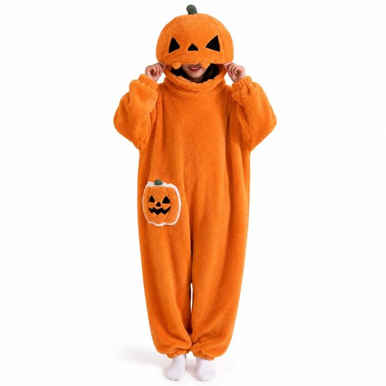 Halloween pompoen onesie pyjama, pluche kostuum met capuchon voor volwassenen