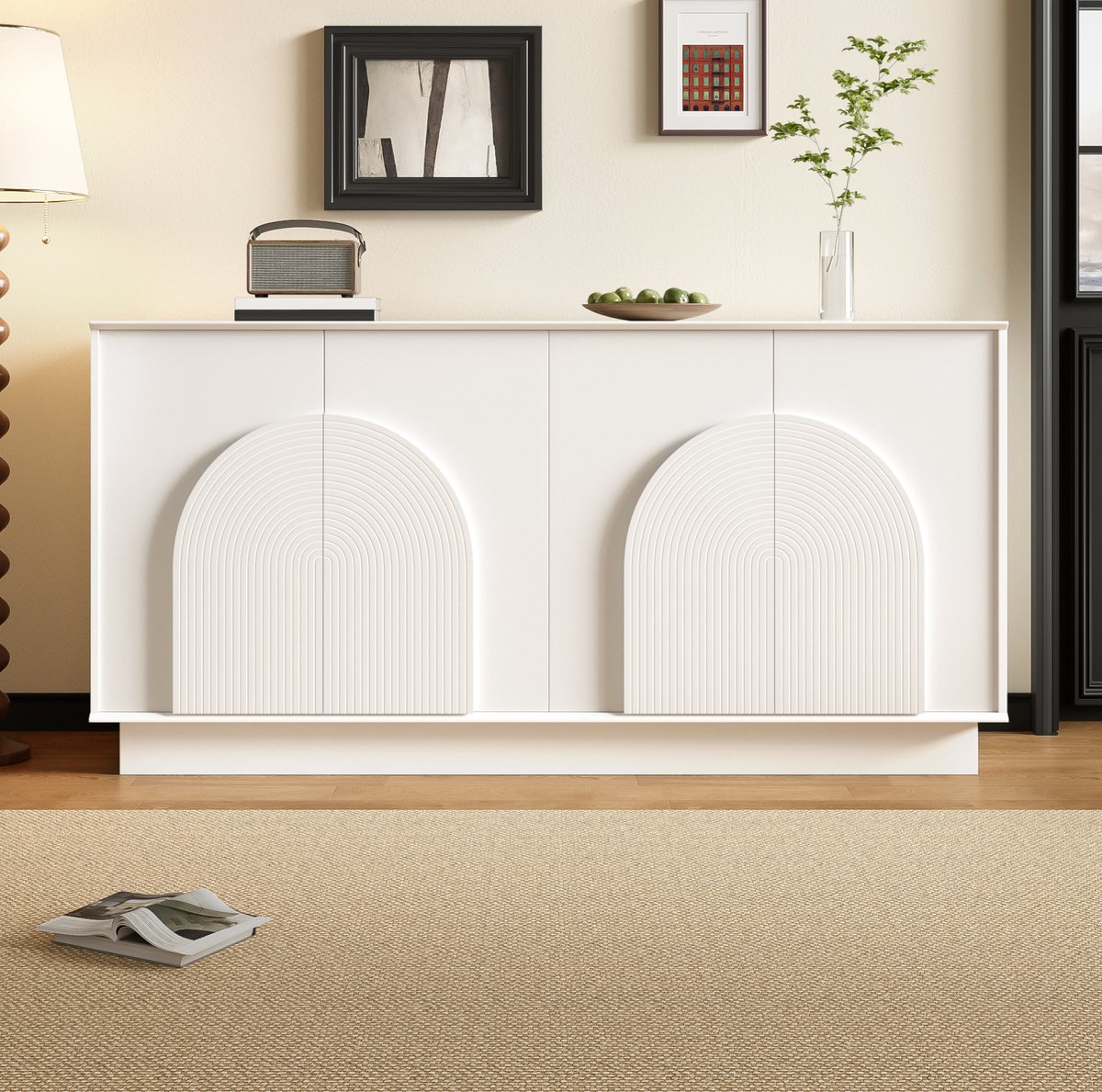 MIVRAY Dressoir - Vierturs Opbergkast Met Gebogen Deurpanelen - Voor Woonkamer En Eetkamer - MDF - 160x38x80 Cm - Wit