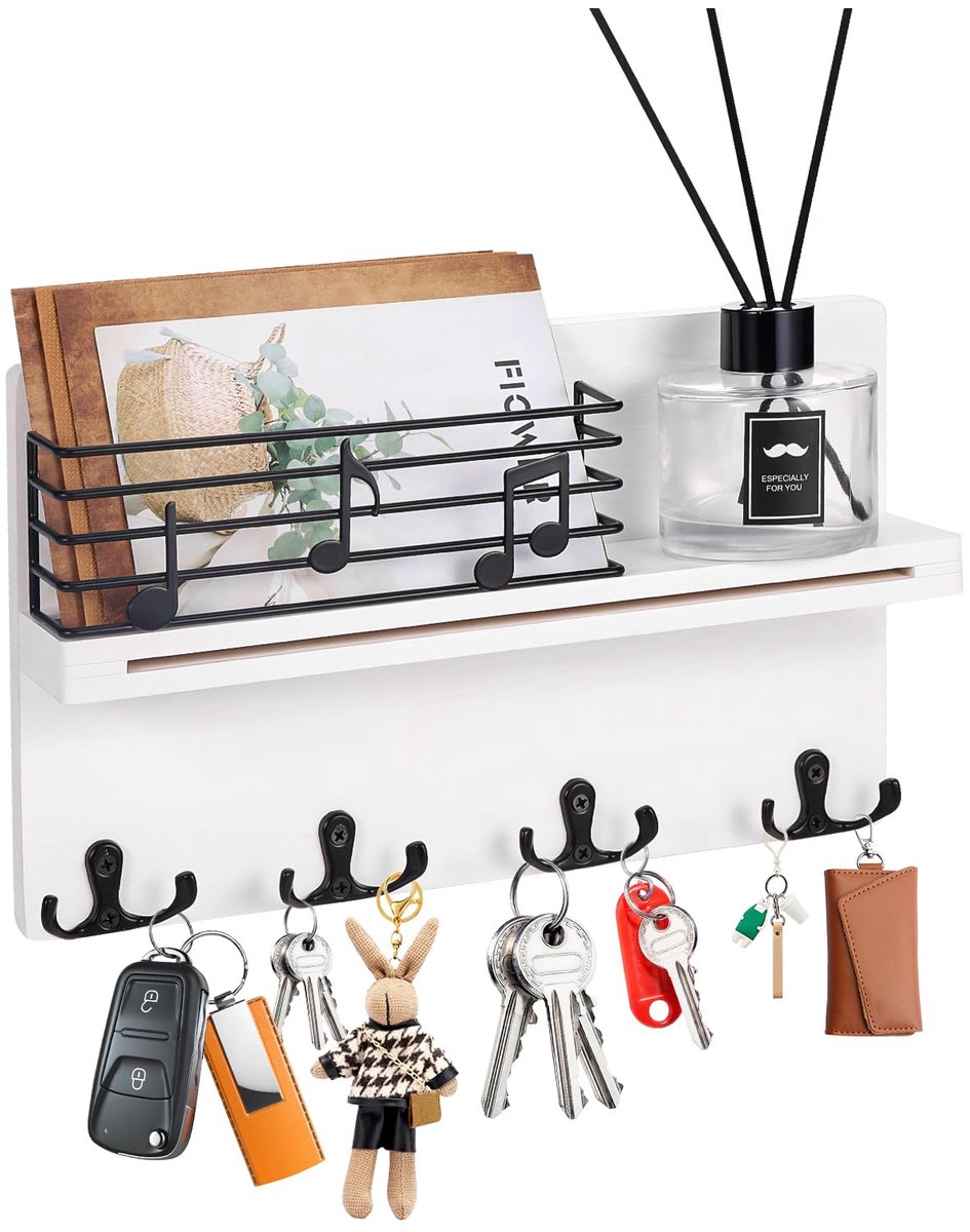 Sleutelhouder voor muur, sleutelhangerrek met 4 dubbele sleutelhaken en hek, wandgemonteerde houten brievenrek organizer met plank voor entree, mudroom (wit)