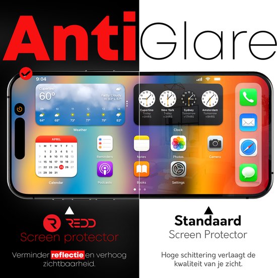 Protecteur d'écran avec texte 'Anti Glare'. Le téléphone affiche des widgets météo et horloge, un calendrier et des applications.