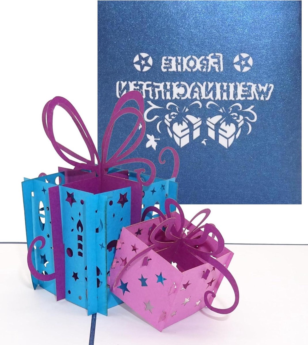 3D Kerstkaart Geschenken - Pop-up kaart Wenskaart - Kerstgroet Verzenden - Met Envelop - 12 x 12 cm - Blauw