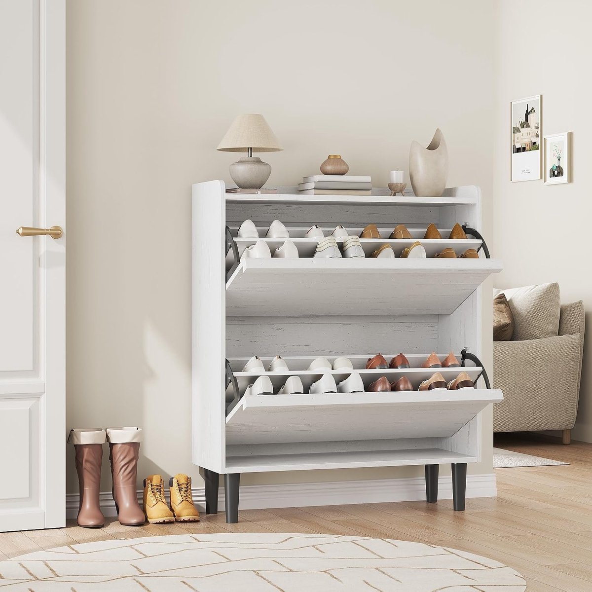Smalle Schoenenkast met 2 Kantelbare Kleppen - Wit - Schoenenkipper met Verstelbare Planken - Ruimtebesparende Schoenenorganizer voor Hal & Entree - 88 x 27 x 95 cm