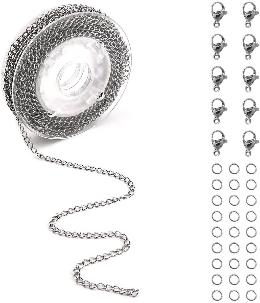 Schakelketting kabel ketting halsketting zilver 2,5 mm met 10 karabijnsluitingen en 30 springringen voor doe-het-zelf sieraden knutselen