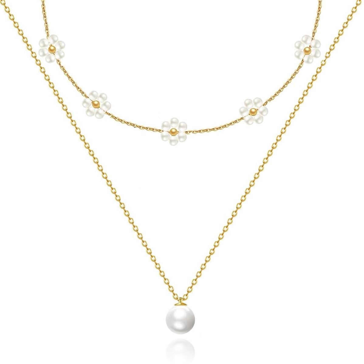 Parelketting, madeliefje, bestaande uit 2 delen, meerlaagse halsketting, elegante sleutelbeenketting voor dames.