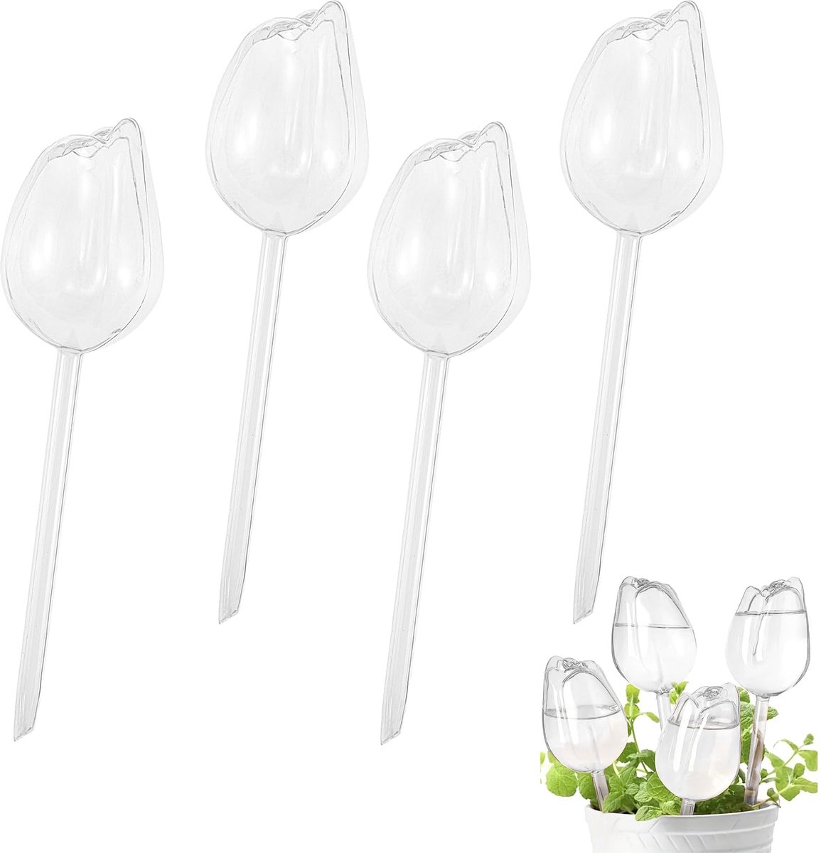 Set van 4 zelfwaterende ballonnen in tulpenvorm, zelfbewateringsapparaat, 190 ml, van transparant pvc, druppelsysteem voor planten binnen en buiten