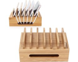 Houten laadstation voor meerdere apparaten – Draagbaar desktop dock station en kabelorganizer voor telefoons, tablets, oortelefoons en smart horloges