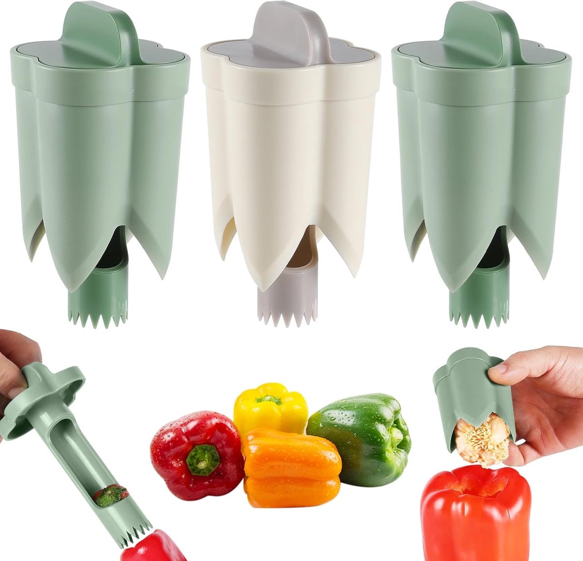 Paprika Ontpitter - 3 Stuks - Pepper Seed Corer Remover - Paprika Zaadontpitter - Fruit Kern Verwijderaar - Snelsnijder en ontpitter - keukengadgets - Verwijdert snel de zaadjes van jalapeño's, groene paprika's en chilipepers - Wit+Groen