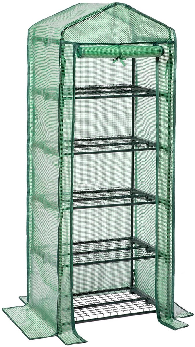 Kleine foliekas balkon, tomatenkas, stabiel, 5 planken, broeikas, 69 x 49 x 193 cm, terras, kweekhuis, PE roosterfolie, ruimtebesparend, tuin, groen, EGN05GH02