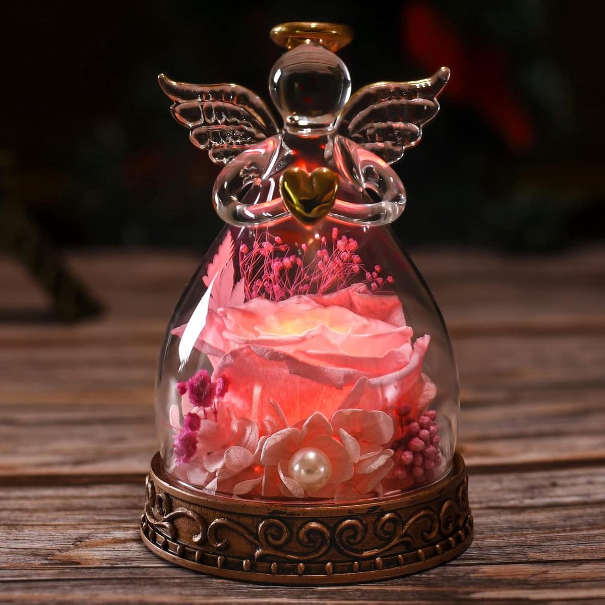Engel met Roos - Eeuwige Bloemen - Decoratie en Cadeau - Geverfde Echte Roos - 11.43 cm Hoog - Roze