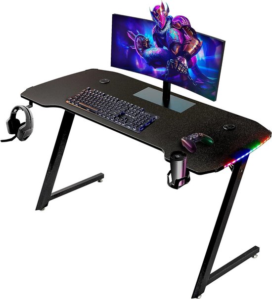 Ergonomisch gamingbureau met LED, bekerhouder en koptelefoonhaak, 140x60 cm speeltafel van Merkloos — afbeelding 2