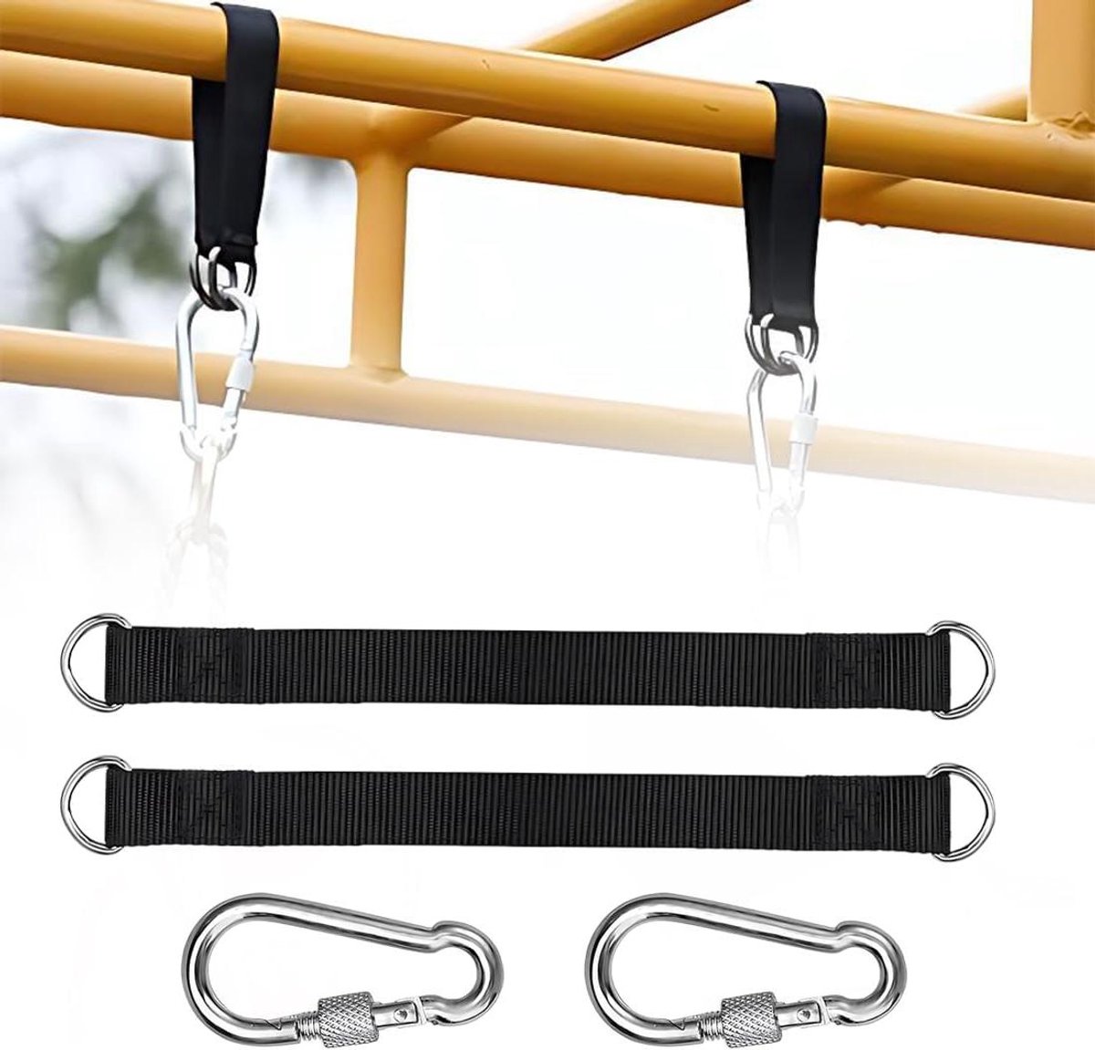 Hangmat Bevestiging Set - Schommel Ophanging - Tuin Ontspanning - Scheurvast Nylon - 2 x 30 cm - Zwart