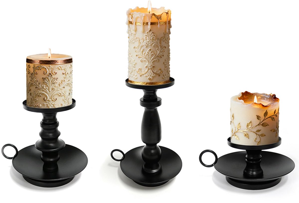 3 stuks kandelaars met twee verdiepingen, zwart, klassieke ijzeren kaarsenhouder, staafkaarsenhouder, diameter 6 cm, voor kaarsenhouder, adventskrans, Valentijnsdag, Kerstmis, tafeldecoratie