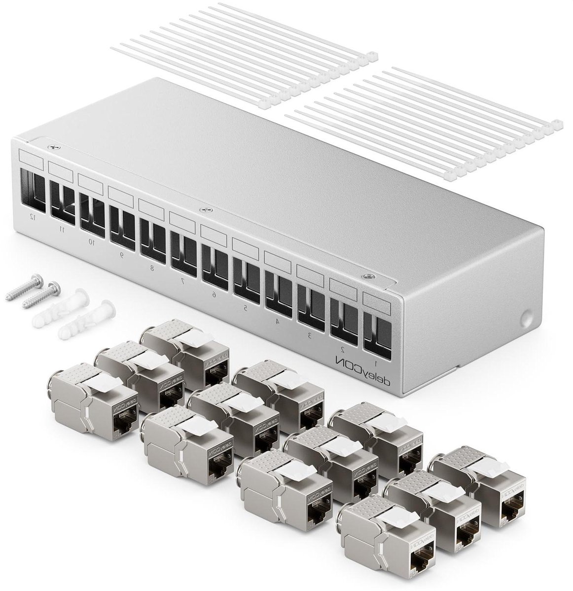 Patchpanel Set - Netwerk Verdeelveld - Netwerk Bekabeling - 12 Poorts RJ45 - 1HE - Lichtgrijs