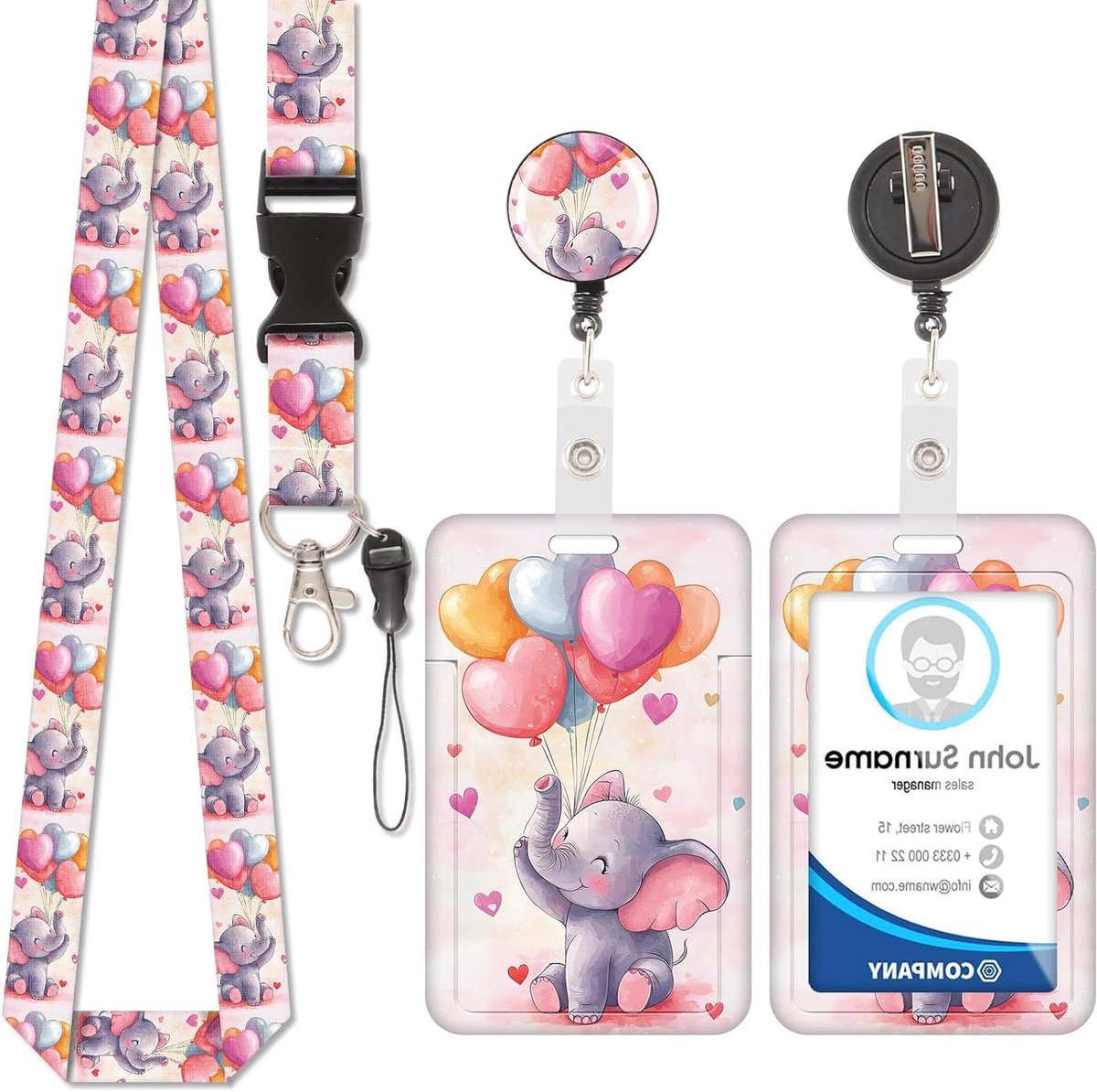 Kaarthouder met koord - Badgehouder clip - Identificatie tonen - Intrekbare clip - Ruimte voor 2 kaarten - Olifant met ballonnen